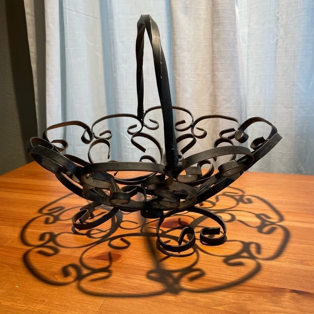 Vtg Black Wrought Iron Metal Scroll Fruit Bowl Magazine Rack Handled Black